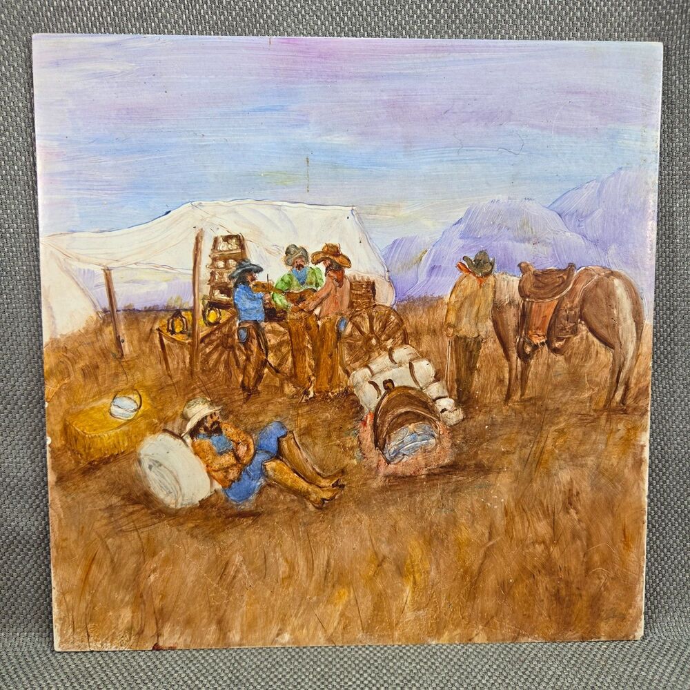 Hand Painted Ceramic Tile Cowboy Campfire Chuckwagon Western Art Scene 12x12